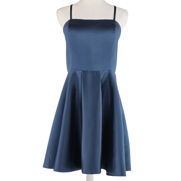 Navy Satin Fit & Flare Dress Women’s S Open Back Lace Up Cocktail Party Prom - Picture 1 of 12